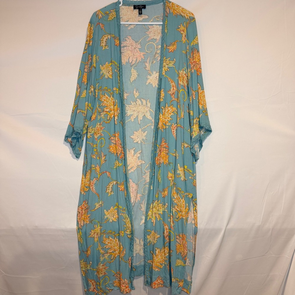 Jessica Simpson Blue Floral Paisley Crochet Trim Longline Kimono Duster 2X